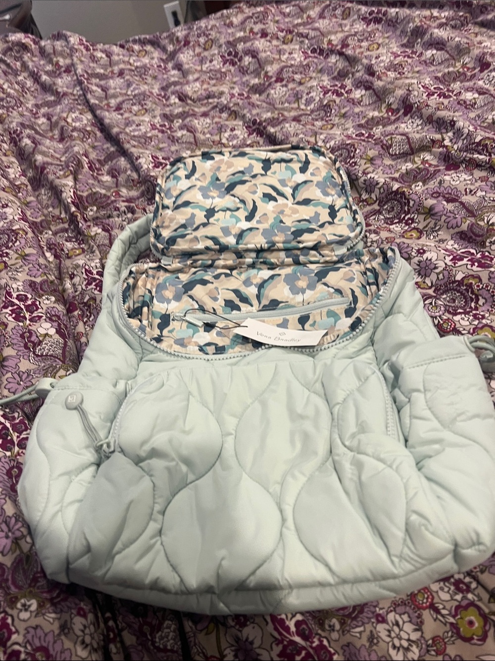 Vera Bradley Pale Blue Quilted Backpack with Floral Lining
